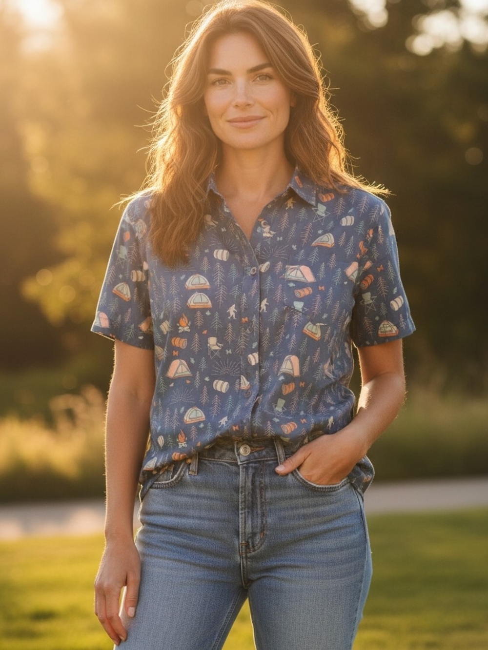 Kavu Blue Short-Sleeve Button-Down Camping Print Shirt